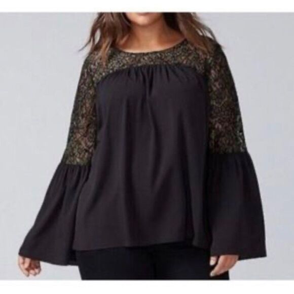 Lane Bryant Black Floral Lace Flare Sleeve Size 14 - Picture 1 of 7